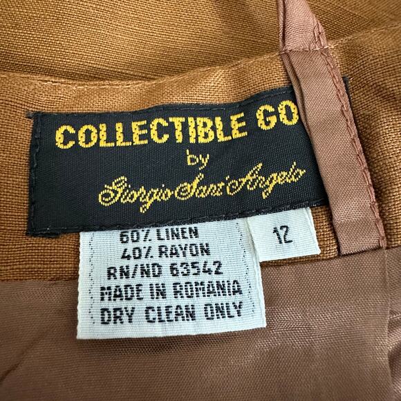 Women VTG Giorgio Sant Angelo Brown Linen Blend Office Pencil Skirt Slit Size 12 - Picture 5 of 5